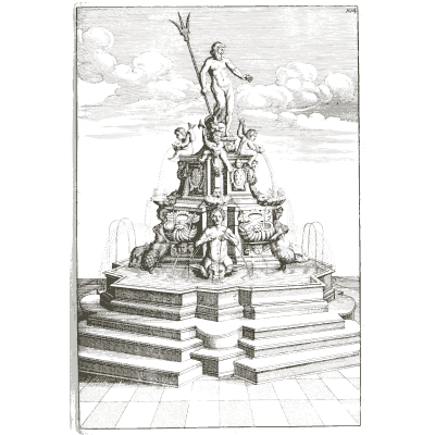 Neptune on a stepped fountain - Architectura Curiosa Nova - 1664
