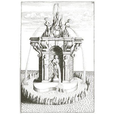 Arched fountain house with putti - Architectura Curiosa Nova - 1664