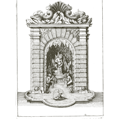 Rock-lined shell arch above a small basin - Architectura Curiosa Nova - 1664