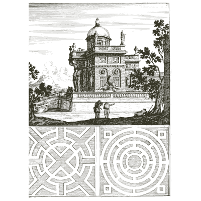 Domed garden pavilion above maze plans - Architectura Curiosa Nova - 1664