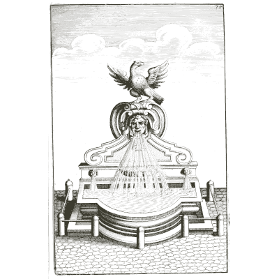 Bird over a mask under falling water - Architectura Curiosa Nova - 1664