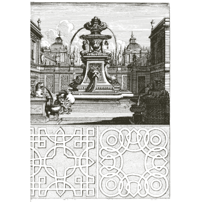 Urn fountain between palace fronts - Architectura Curiosa Nova - 1664