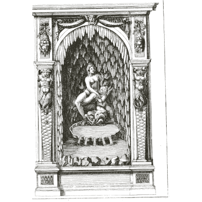 Bathing figures in a rock-lined niche - Architectura Curiosa Nova - 1664