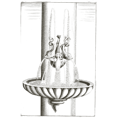 Dolphins on a column pouring into a fluted bowl - Architectura Curiosa Nova - 1664