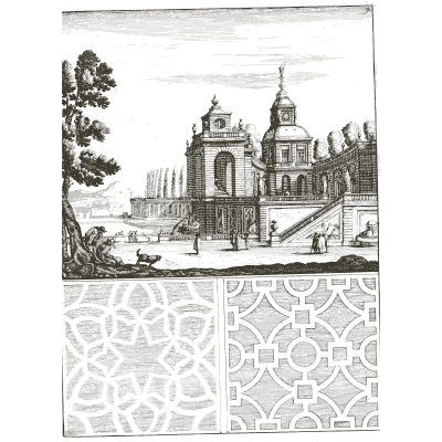 Terraced palace garden above parterre plans - Architectura Curiosa Nova - 1664