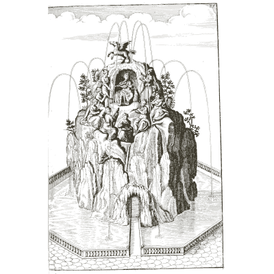 Figures on a rockwork island in a walled pool - Architectura Curiosa Nova - 1664
