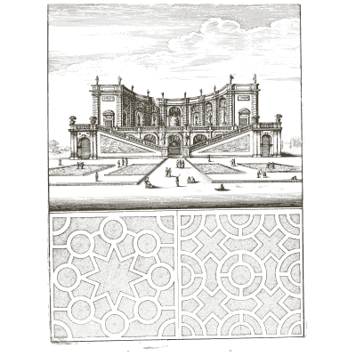 Garden palace and stairs above parterre plans - Architectura Curiosa Nova - 1664
