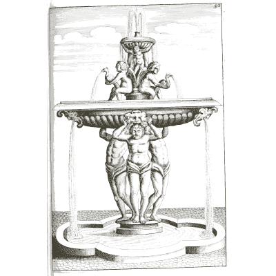 Caryatid figures holding a broad bowl - Architectura Curiosa Nova - 1664