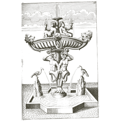 Caryatid bowl fountain with herons - Architectura Curiosa Nova - 1664