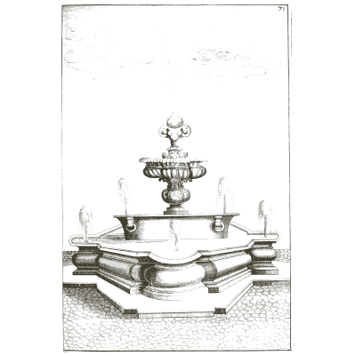 Small fountain on a lobed base with side jets - Architectura Curiosa Nova - 1664