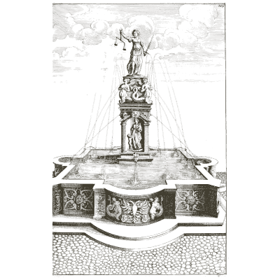 Small statue above a relief-carved basin - Architectura Curiosa Nova - 1664