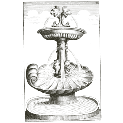 Putti on a great shell under a falling bowl - Architectura Curiosa Nova - 1664