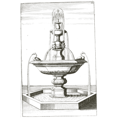 Bowl fountain with corner birds in a hexagonal pool - Architectura Curiosa Nova - 1664