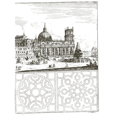 Domed church and city quay above parterre plans - Architectura Curiosa Nova - 1664