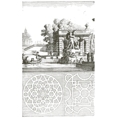 Garden cascade and arcade above parterre plans - Architectura Curiosa Nova - 1664