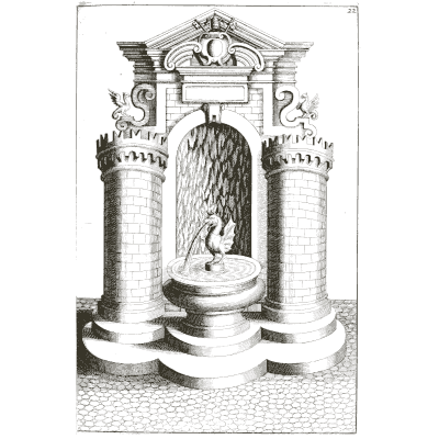 Gate fountain between two round towers - Architectura Curiosa Nova - 1664