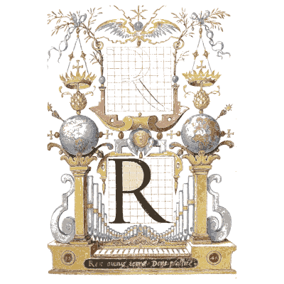 Calligraphic capital R with globes - Mira Calligraphiae Monumenta (The Model Book of Calligraphy) - 1596