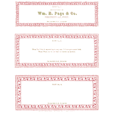 Three pink bordered panels - Specimens of Chromatic Wood Type, Borders etc. - 1874