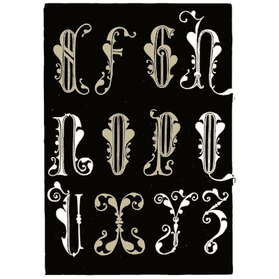 Ornate white capitals on black - Alphabets Old and New - 1910