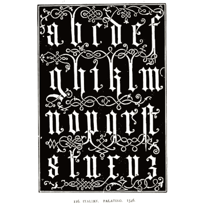 White italic lowercase on black - Alphabets Old and New - 1910