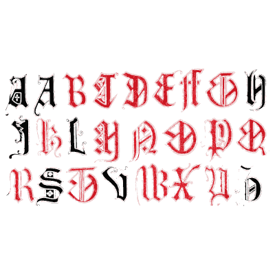 Red and black gothic capitals - The Book of Ornamental Alphabets, Ancient and Modern - 1859
