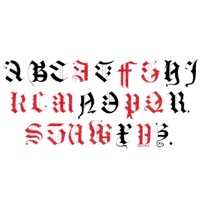 Red and black blackletter capitals - The Book of Ornamental Alphabets, Ancient and Modern - 1859