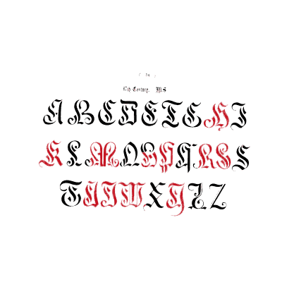 Slender gothic capitals in red and black - The Book of Ornamental Alphabets, Ancient and Modern - 1859