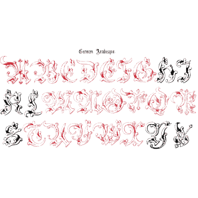 Arabesque alphabet with red scrollwork - The Book of Ornamental Alphabets, Ancient and Modern - 1859