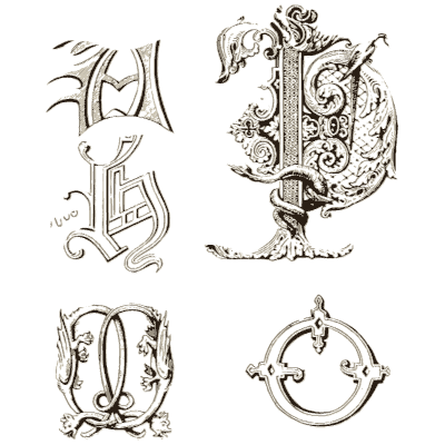 Ornate initial letters A, P, M and O - The Signist's Book of Modern Alphabets - 1906