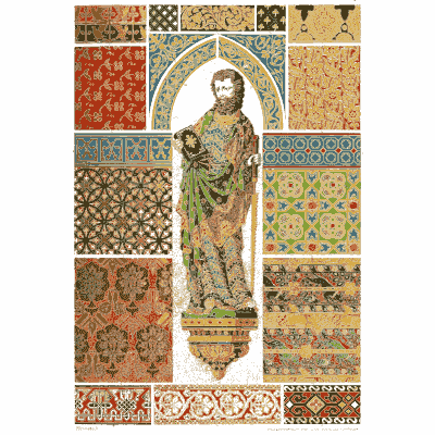 Robed figure among woven textile repeats - Der Ornamentenschatz - 1887