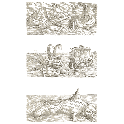 Three sea monster scenes - Icones Animalium - 1560