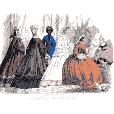Group of crinoline gowns - Godey's Lady's Book, January 1864 - 1864