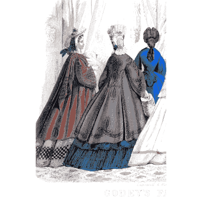 Three women in bonnets - Godey's Lady's Book, January 1864 - 1864