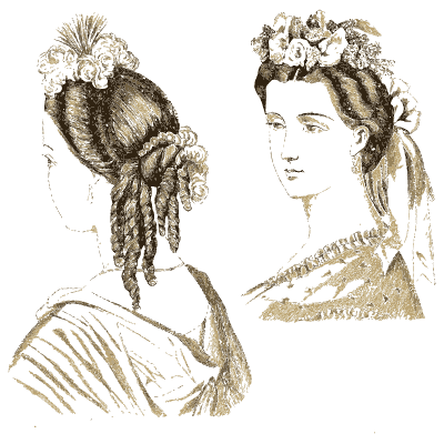 Braided hair with flower wreaths - Godey's Lady's Book, 1864 - 1864