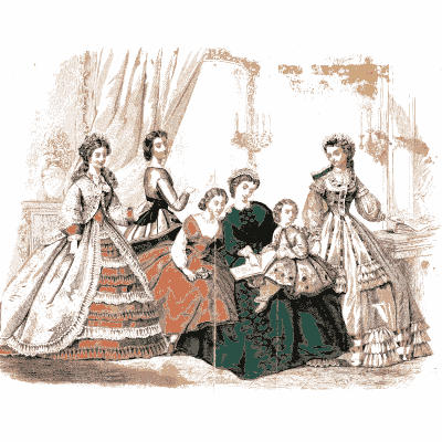 Women and children before a curtain - Godey's Lady's Book, 1864 - 1864