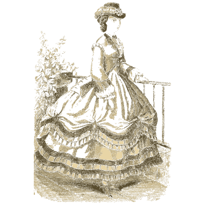 Woman in a flounced crinoline at a rail - Godey's Lady's Book, 1864 - 1864