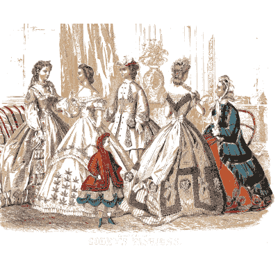 Women and children in crinolines - Godey's Lady's Book, 1864 - 1864