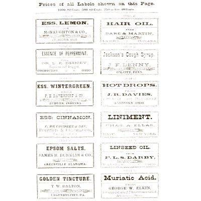 Sheet of miscellaneous labels 01 - New Sample Book of Cut and Gummed Druggists' Labels - 1874