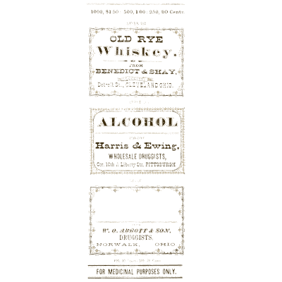 Sheet of liquor labels - New Sample Book of Cut and Gummed Druggists' Labels - 1874