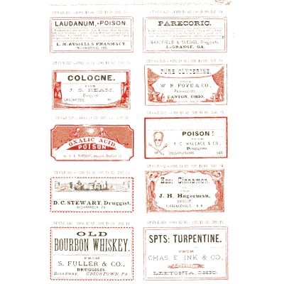 Sheet of poison and medicine labels 01 - New Sample Book of Cut and Gummed Druggists' Labels - 1874