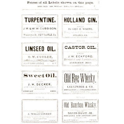 Sheet of oil and liquor labels - New Sample Book of Cut and Gummed Druggists' Labels - 1874