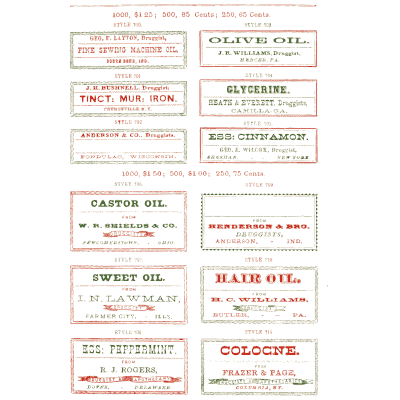 Sheet of miscellaneous labels 11 - New Sample Book of Cut and Gummed Druggists' Labels - 1874