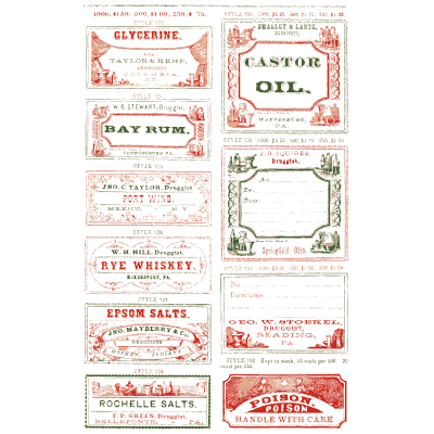 Sheet of miscellaneous labels 13 - New Sample Book of Cut and Gummed Druggists' Labels - 1874