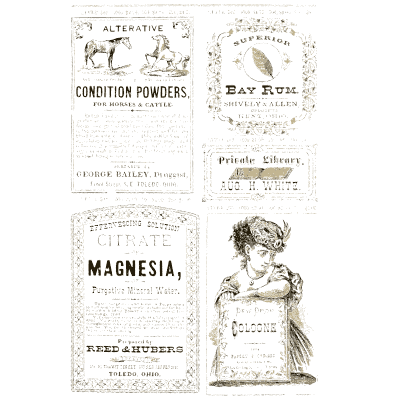 Sheet of horse medicine labels - New Sample Book of Cut and Gummed Druggists' Labels - 1874