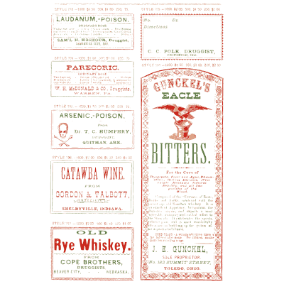 Sheet of poison and liquor labels - New Sample Book of Cut and Gummed Druggists' Labels - 1874