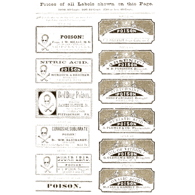 Sheet of poison labels - New Sample Book of Cut and Gummed Druggists' Labels - 1874