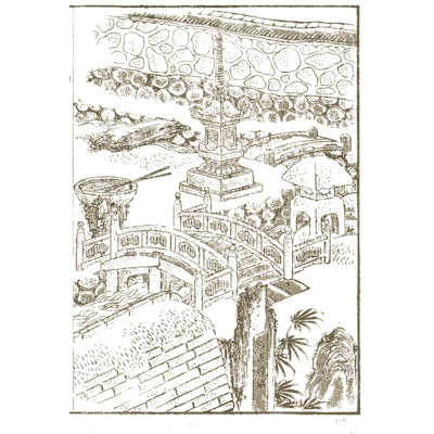 Garden bridge and stone lantern - Hokusai Manga, Volume 2 - 1868