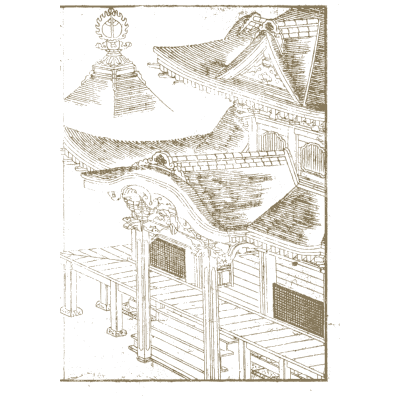 Temple roof and veranda - Hokusai Manga, Volume 8 - 1868