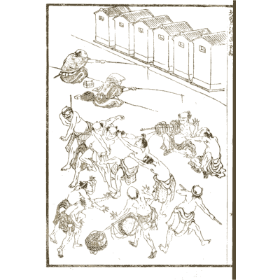 Crowd wrestling by a row of houses - Hokusai Manga, Volume 1 - 1868