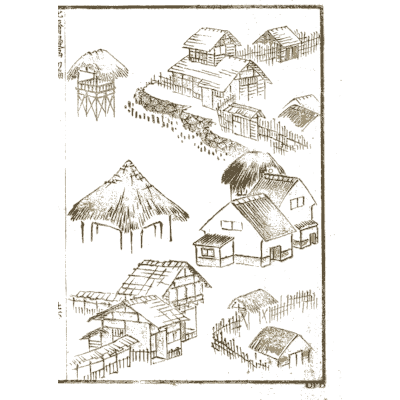 Thatched houses and village buildings - Hokusai Manga, Volume 1 - 1868